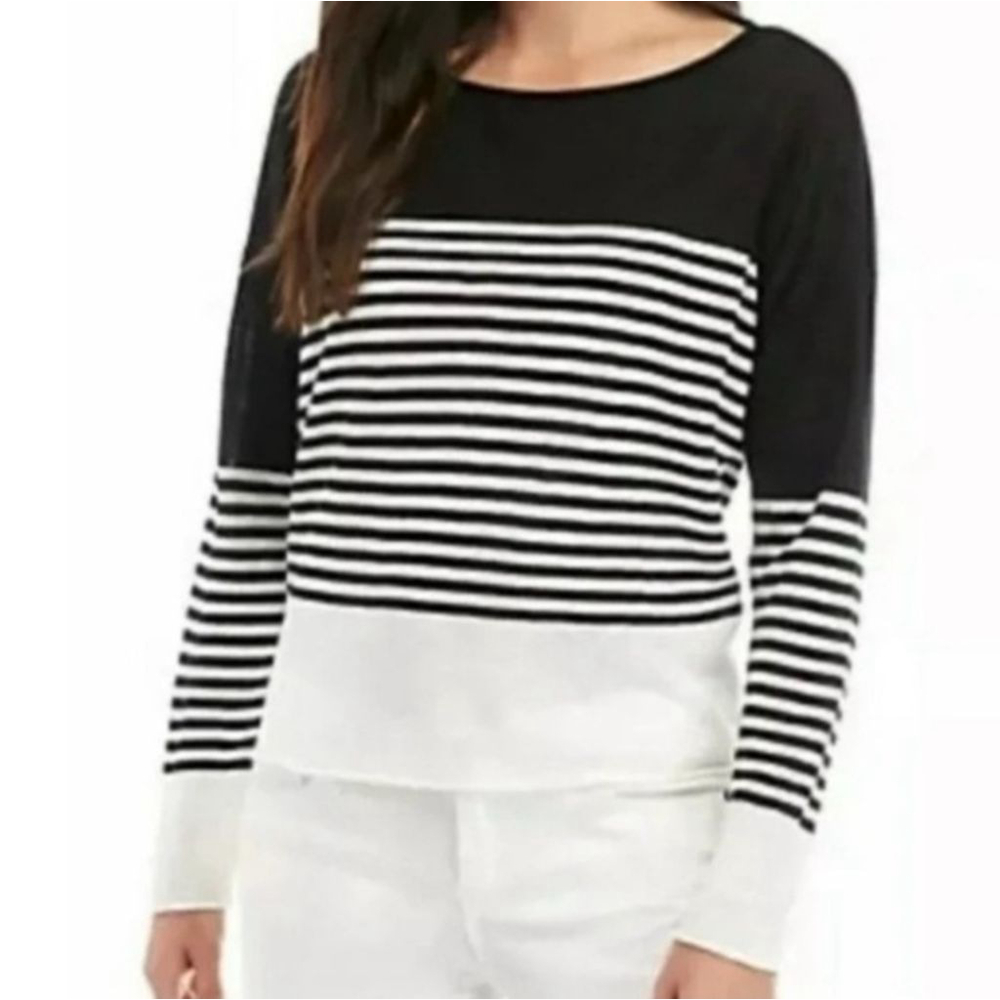 EILEEN FISHER Black White Striped Organic Linen Cotton Top M